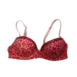 Y2K Victoria's Secret Pink Leopard Print Push Up Bra w Lace Ribbon Trim 34C